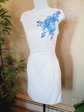 One-of-a-Kind Hand-Painted Blue Floral Dress – White Poly-Cotton, Fully Lined with Pockets (Size Medium)