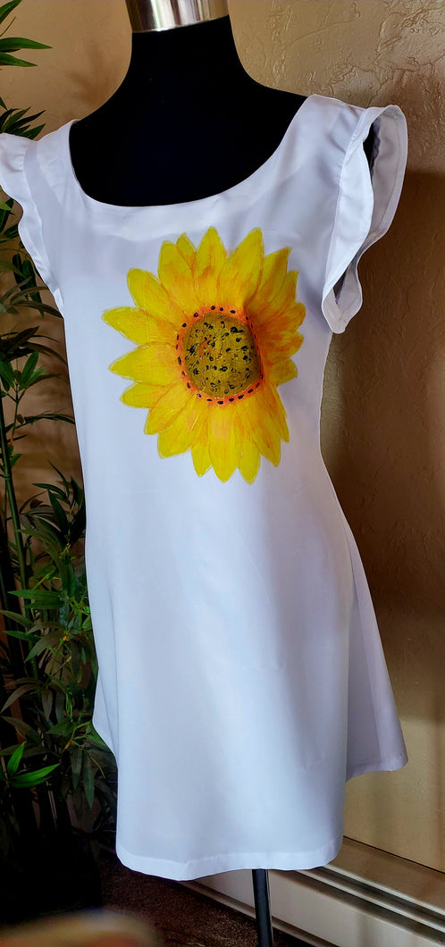 One-of-a-Kind Hand-Painted Sunflower Summer Dress – Ruffle Sleeves by Deborah Beaumont