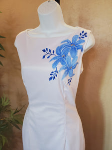 One-of-a-kind designer original hand painted blue flower dress.